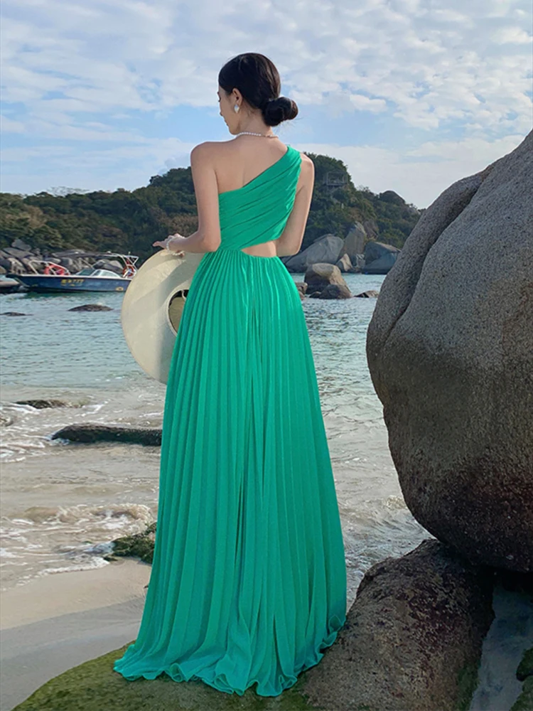 Green Elegant One Shoulder Slim Party Evening Long Dress Women Sexy Club Off Shoulder Summer Fashion High Waist Split Dress Chic