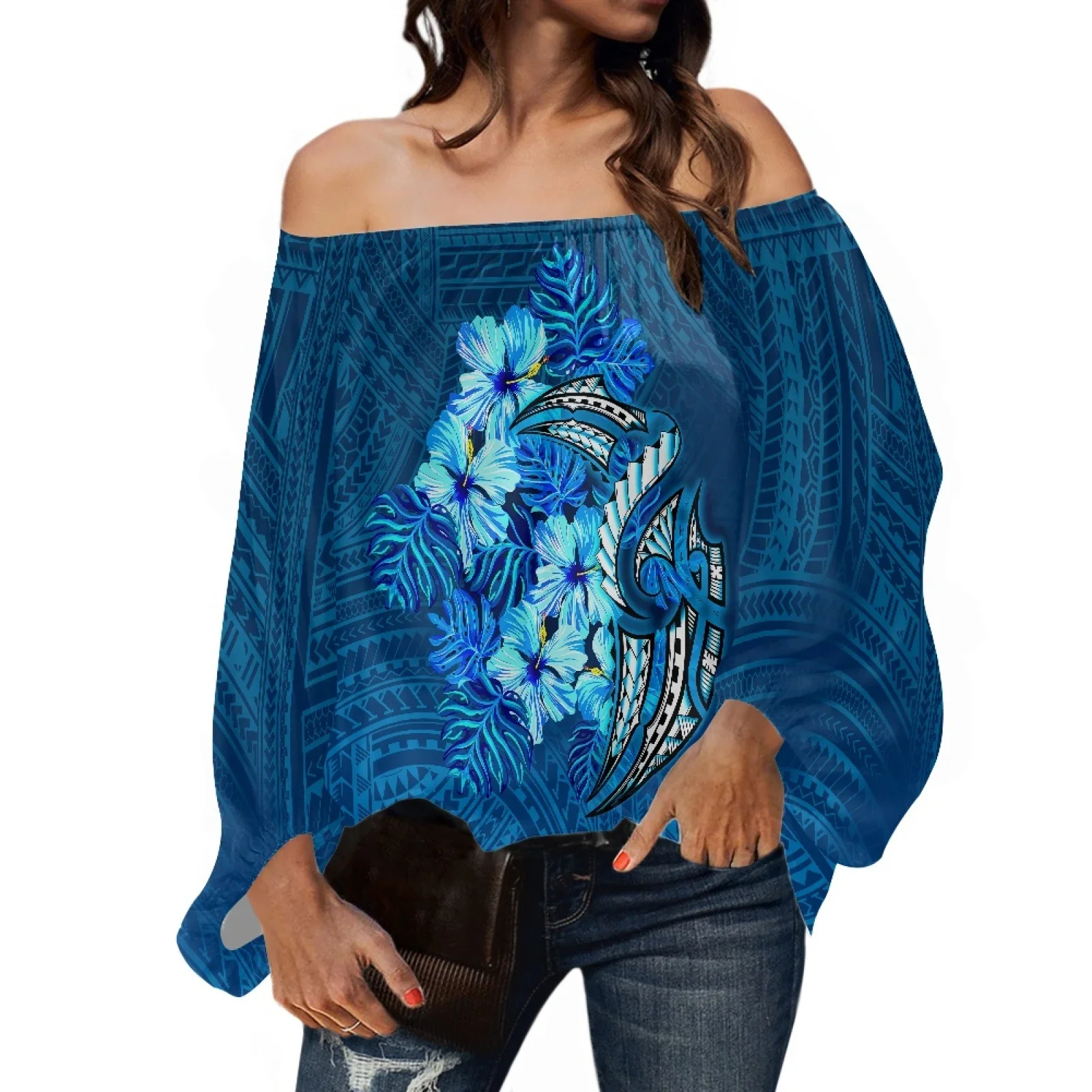 Polynesian Tribal Samoan Totem Tattoo Print Off Shoulder Women Shirt, One Shoulder Long Sheelves, Chiffon Tops, Autumn Wear