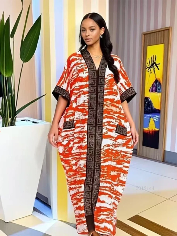 

Новая мода Ближневосточного Бобу, хит продаж, свободное мусульманское африканское летнее женское платье с принтом и бриллиантами, с боковыми карманами