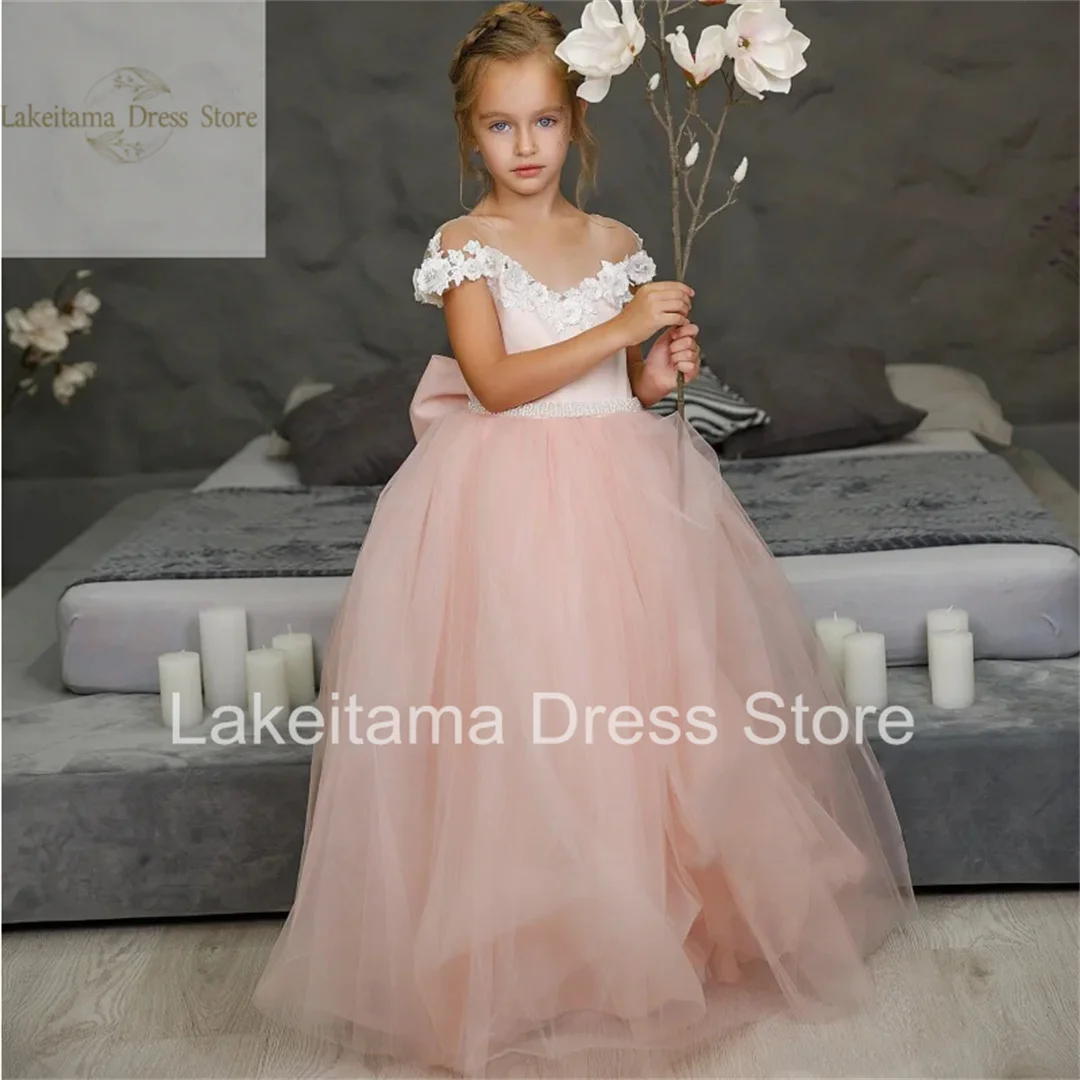 Pink Flower Girl Dresses Tulle White 3D Flowers With Bow Short Sleeve For Wedding Birthday Party First Communion Gowns