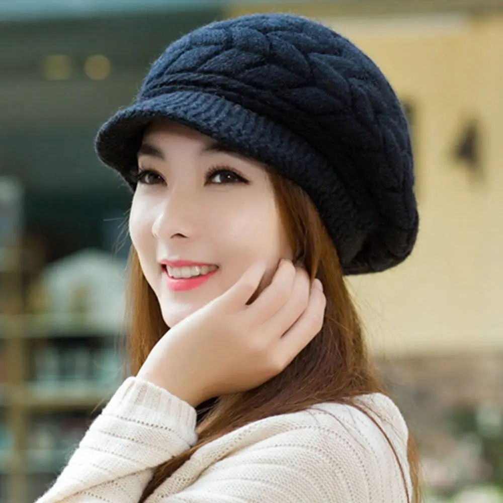Casual Thickened Knitted Wool Hat Wool Keep Warm Beret Hat Windproof Ear Protection Duck Tongue Cap for Women
