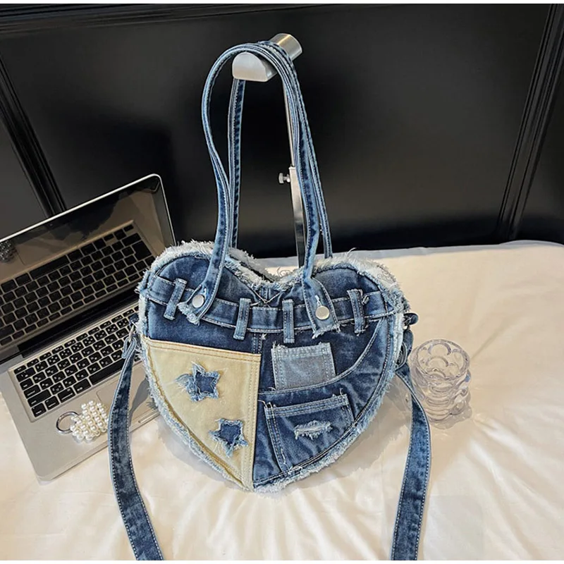 

Сумка на плечо в стиле ретро, модная креативная джинсовая сумка с вышивкой контрастного цвета, сумка со звездным узором, новая простая сумка-мессенджер на молнии