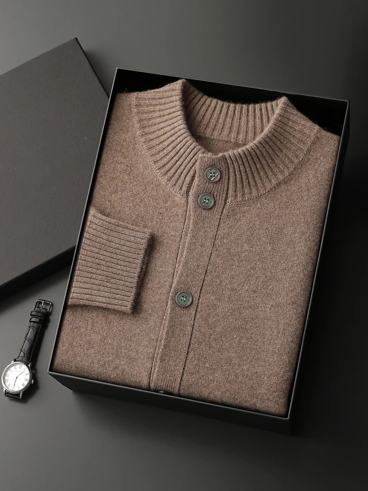 High Quality Men 100% Cashmere Sweater Autumn Winter Thick Buttons Cardigan Mock-neck Smart Casual Coat Warm Cashmere Knitwear