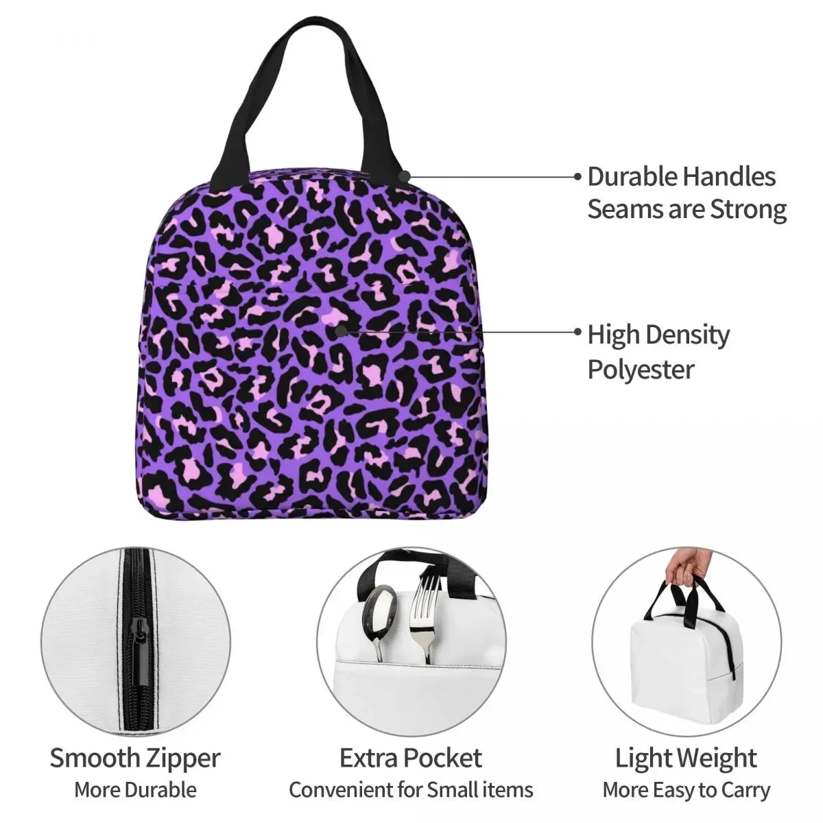 Neon Purple Pink Leopard Print Insulated Lunch Bag Exotic Animals Meal Container Thermal Bag Lunch Box Tote Food Storage Bags