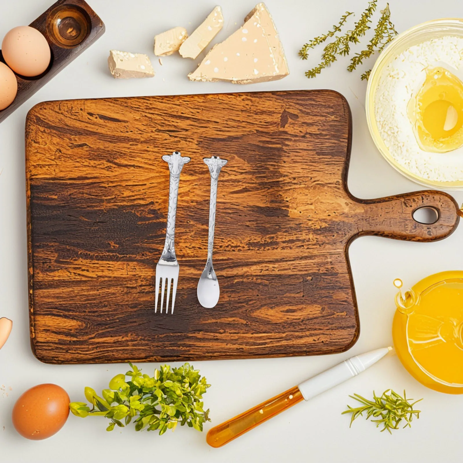 

2Pcs Stainless Steel Dessert Spoon Fork Set Cartoon Comfortable Grip for Tea Polished Mirror Surface