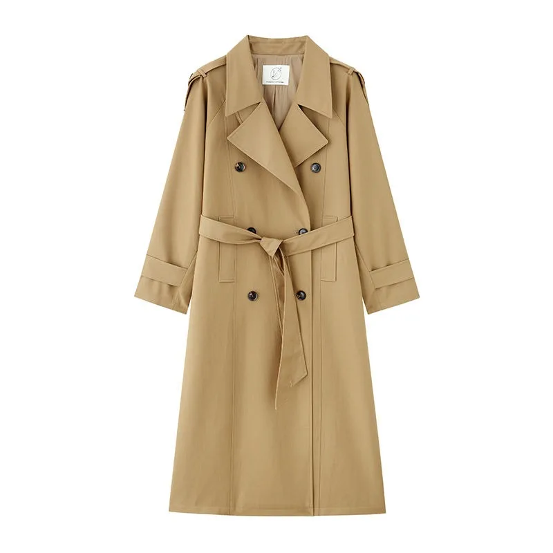 

High Quality Women's Clothing Long Trench Coat Retro Classic Temperament Commuter Lapel Trench Coat Women's Khaki Silhouette
