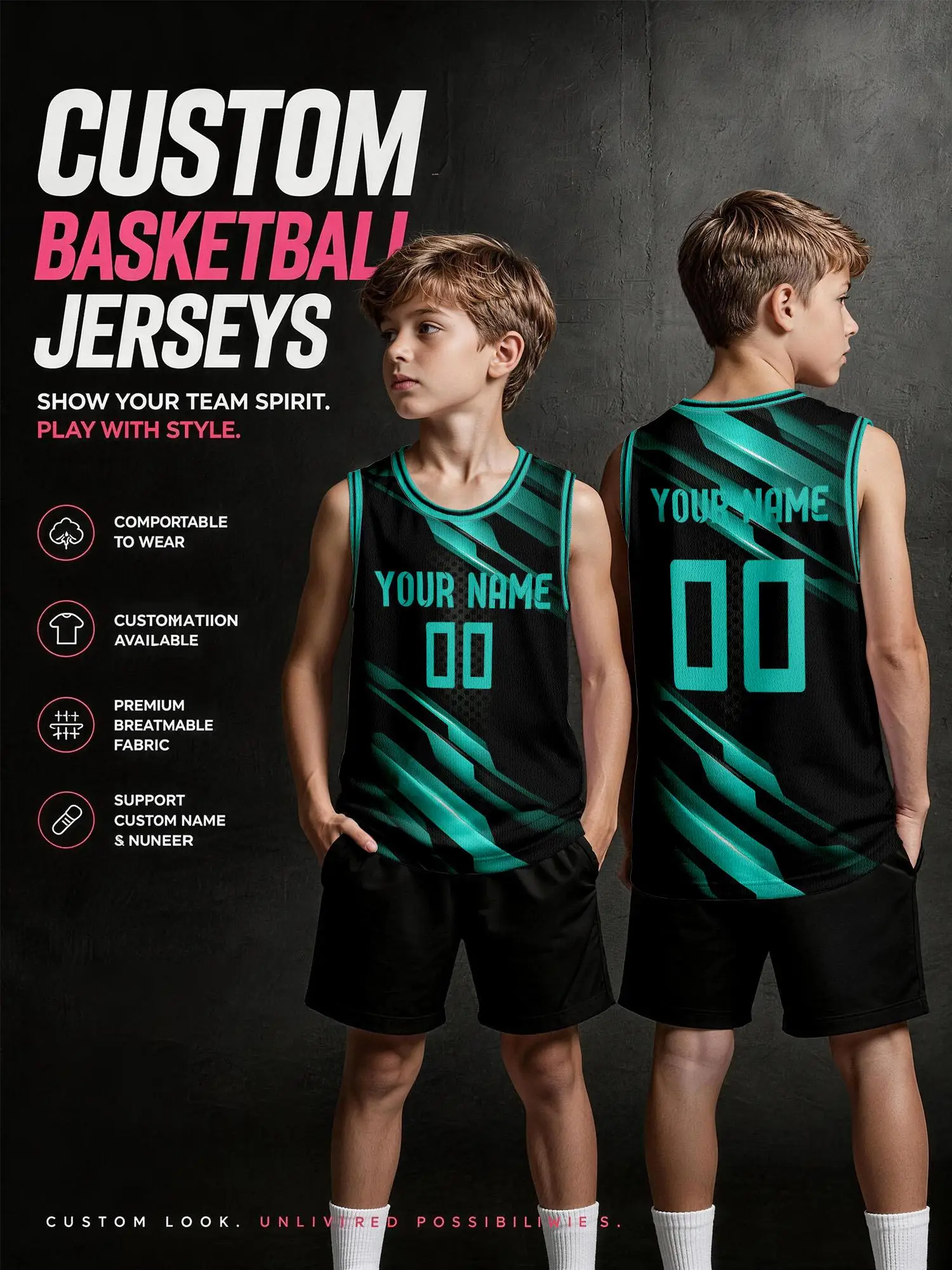 Black‑Mint‑Green Dynamic Stripe Custom Basketball Jersey, DIY Name & Number, Breathable Quick‑Dry Set For Adults & Kids
