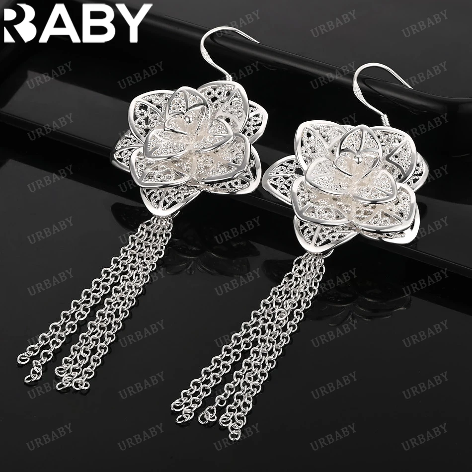 

URBABY 925 Sterling Silver Earrings Hollow Flower Tassel Drop Earrings For Women Jewelry Fashion Party and Daily Wear