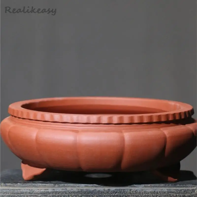 Home Lotus shaped Bonsai Pot Chinese Zen Retro Desktop Breathable Decorative Bonsai Pot Purple Sand Flower Pot With Holes LF283