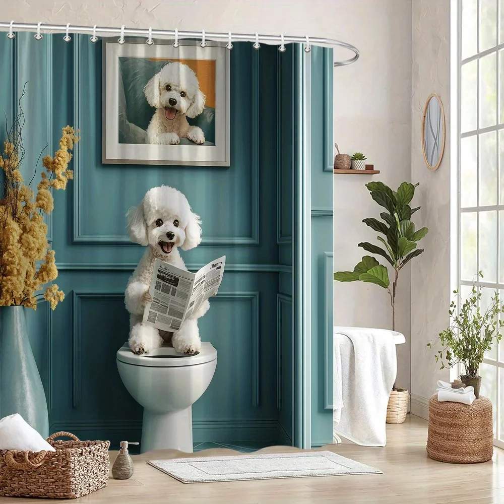 Poodle Shower Curtain - White Dog Reads Newspaper, Modern Bath, Polyester, 12 Hooks, Machine Washable, Humorous Decor