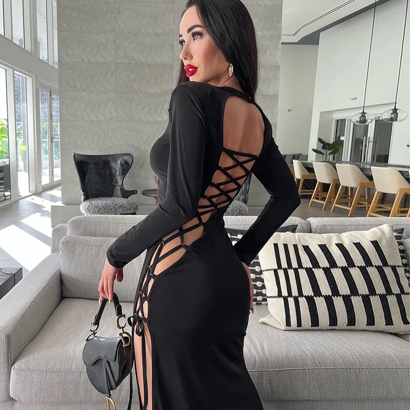 

New Sexy Slanted Slit Evening Dress Backless Straps Cross Over Prom Gown High Waisted Hollow Out Long Sleeved Party Robes