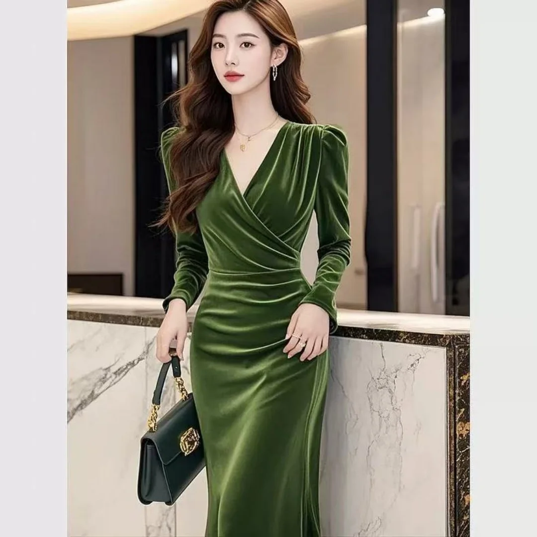 

Модное зеленое бархатное платье RAIN YAN LIN с глубоким V-образным вырезом, новое весеннее платье с длинным рукавом, завышенной талией, облегающее, длинное, для офиса