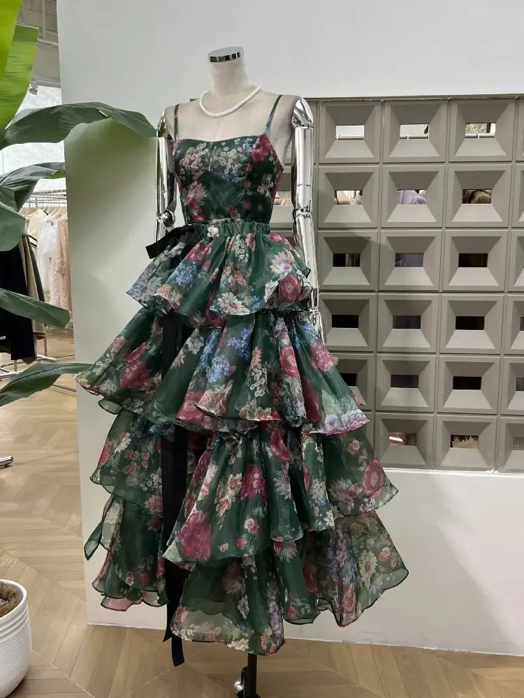 Summer New Hot Holiday Flower Women's Outfit Nightclub Thin Ruffle Evening Party Celebrity Design Tank Top Two Piece Set Dress