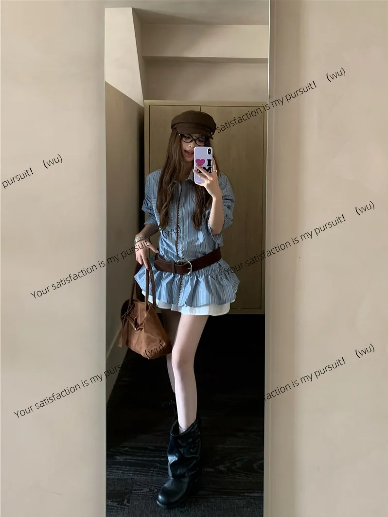 

Американская ретро рубашка в контрастную полоску, женская осенняя свободная и универсальная шикарная синяя рубашка с длинными рукавами