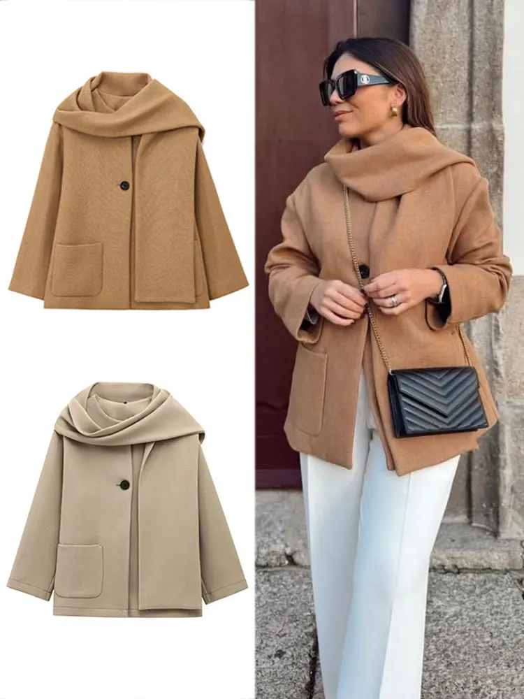 

HH Women Elegant Solid Scarf Collar Coat Single Button Long Sleeve Jacket Autumn Winter Fashion High Street Lady Chic Outwear