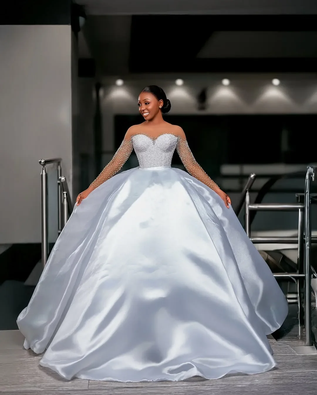 Customized  Sheer Neck  Sparkly Fully Pearls Beads Wedding Dress with Removable Skirt  Robe De Mariée  Long Sleeves  Bridal Gown