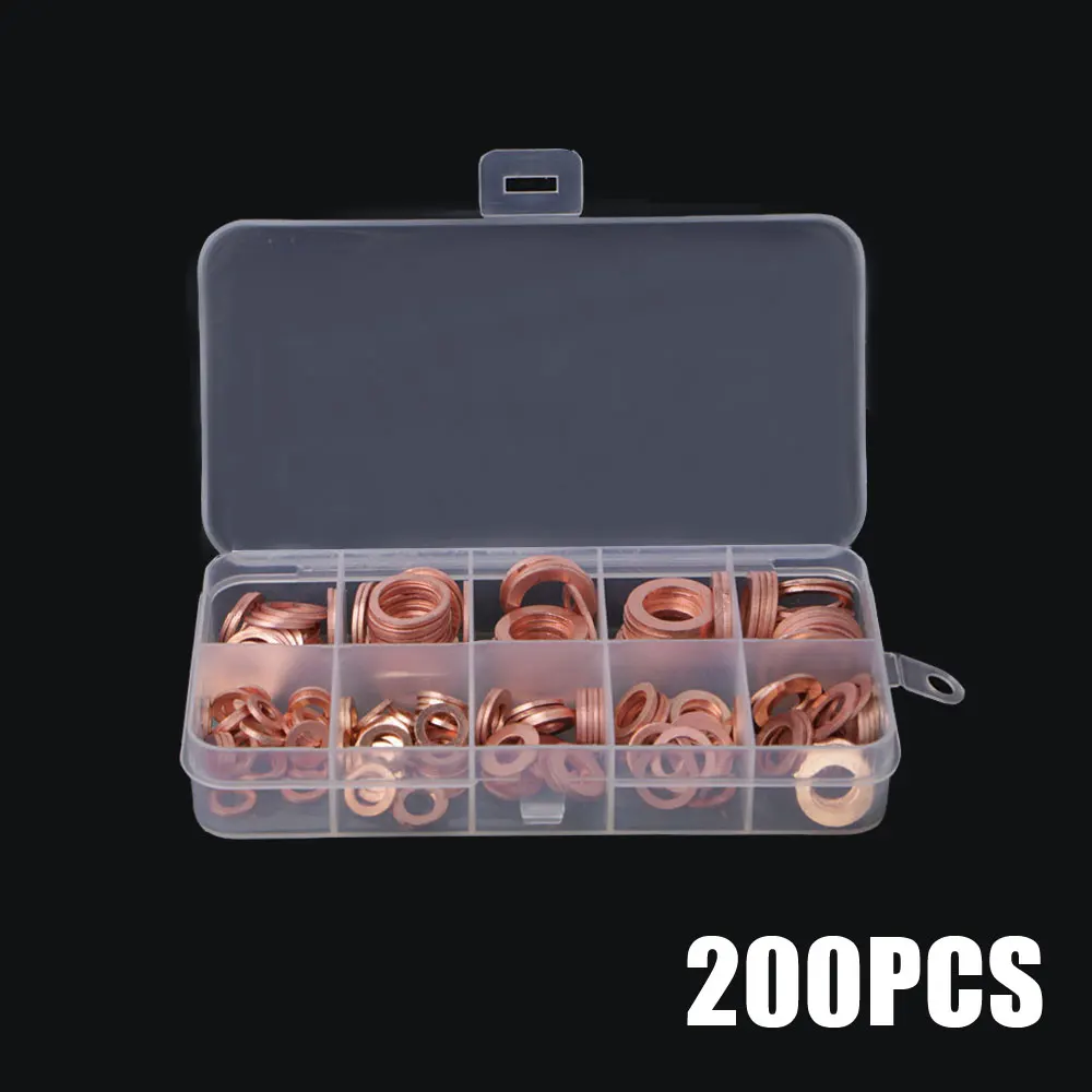 

200pcs Copper Flat Washer Gasket Set M8/M10/M12/M14 Flat Ring Seal Kit Set with Box Hardware Part for Sump Plugs Car Accessories