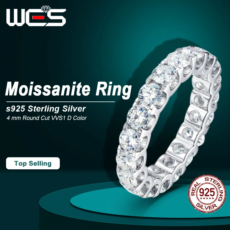 

WES 4mm Full Eternity Moissanite Ring 925 Sterling Silver D Color VVS1 Stackable Wedding Band For Women Fine Jewelry Anniversary
