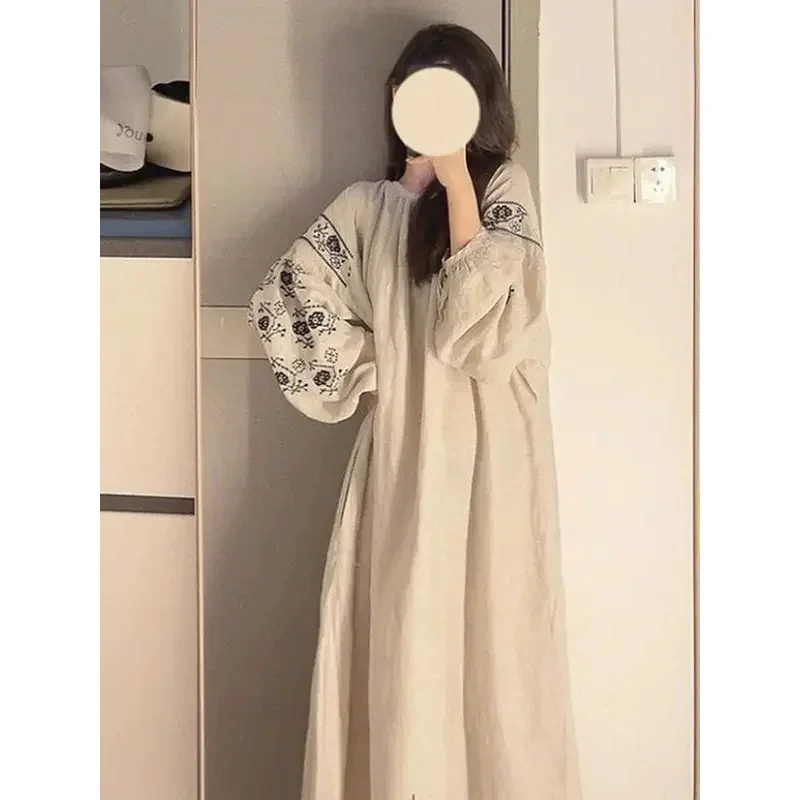Women Spring French Style Sweet Nightdress Female Foral Print Lantern Sleeve Long Pajamas Home Suit Dress Can Be Wear Outsi MN3