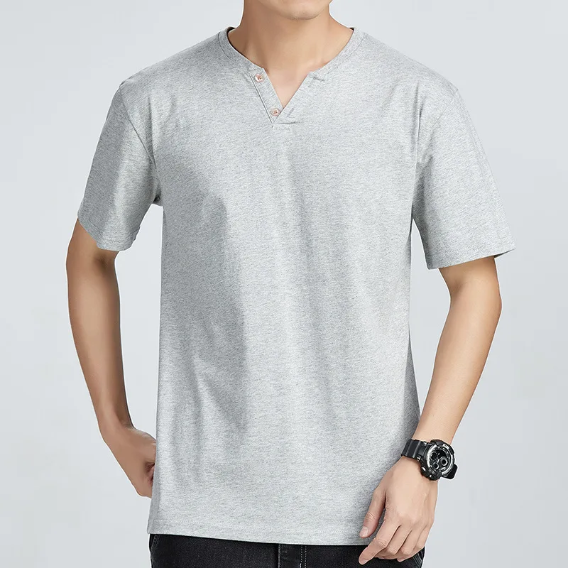 100% Cotton Solid Tshirts Casual Male Short Sleeve V-Collar Button Stretch Soft Clothing T-shirts Simple Breathable Men's Tops