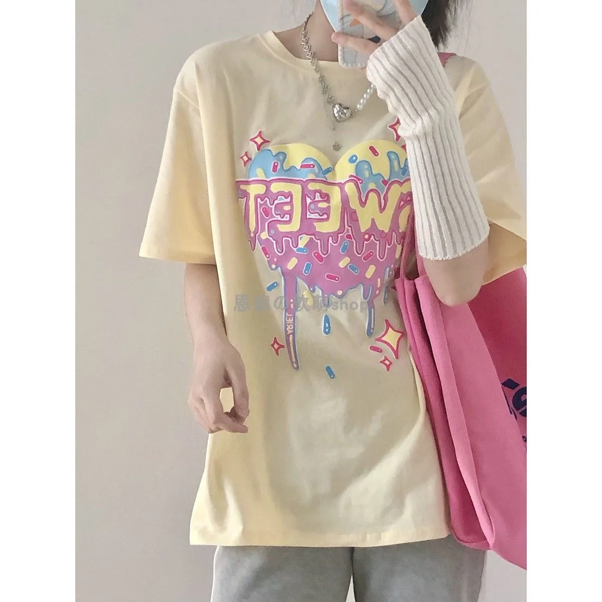 Heart Donut Printed Y2K T Shirts 100 Cotton Summer Sweet Cute Women T-shirt Oversized Tees Casual Loose Short Sleeve Tops