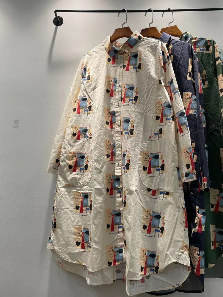 

Весенне-осеннее повседневное хлопковое платье с длинным рукавом, отложным воротником, свободной талией и мультяшным принтом, А-силуэт, для женщин