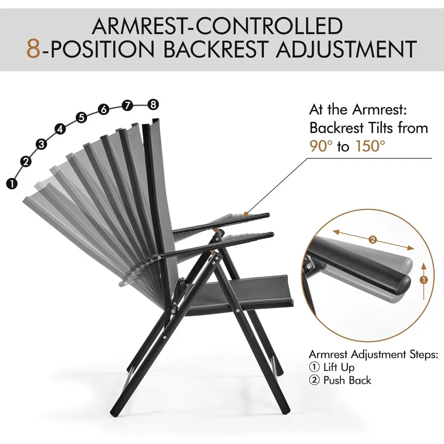 مجموعة كراسي تناول الطعام القابلة للطي في الفناء مكونة من كرسيين للحديقة الخارجية قابلين للتكديس مع 8 أوضاع خلفية قابلة للتعديل ومسند للذراع لحديقة الحديقة