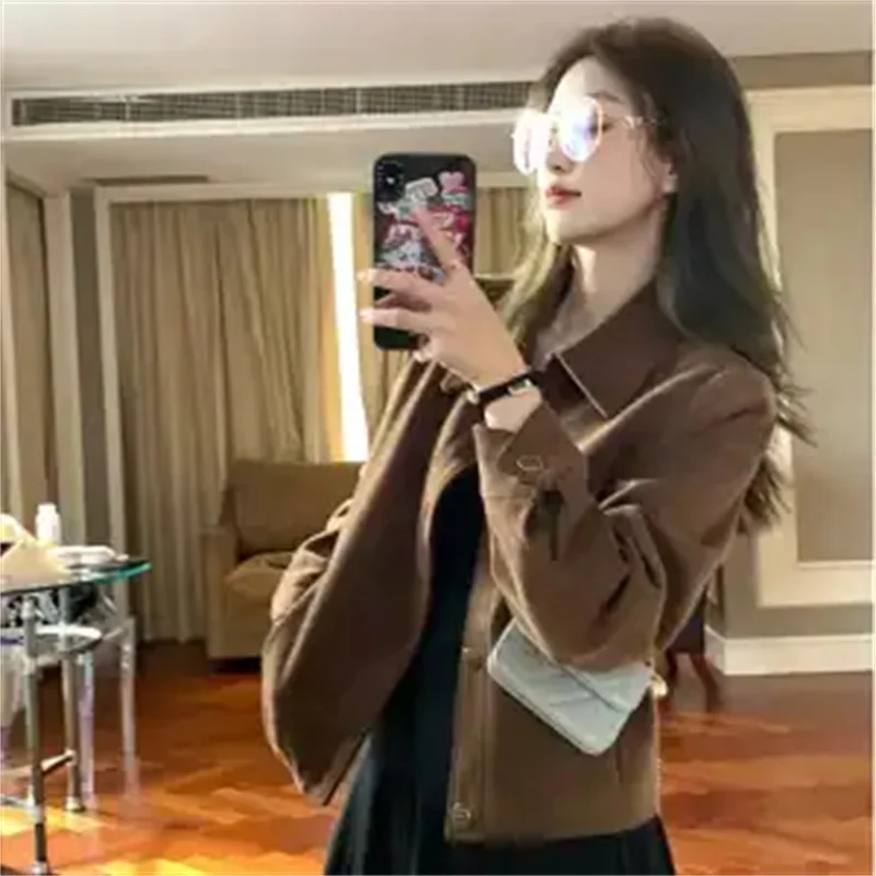 Women Coffee Colored Deer Skin Velvet Jacket 2026 Spring And Autumn Style, Female Korean Loose Casual Retro Small Jacket Top