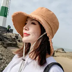 Cotton Dome Top Sun Bucket Hats Solid Panama Women Summer Caps Wide Brim Foldable Outdoor Travel Hat Anti-UV Beach Caps Bonnet