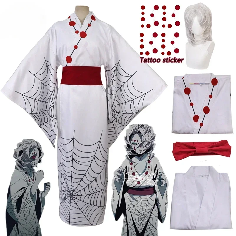 Disfraz de Cosplay de Anime Demon Slayer para hombres y mujeres, Cosplay de Spider Oni Ayaki Rui, peluca, tatuaje, pegatina, Kimono, disfraces de Halloween