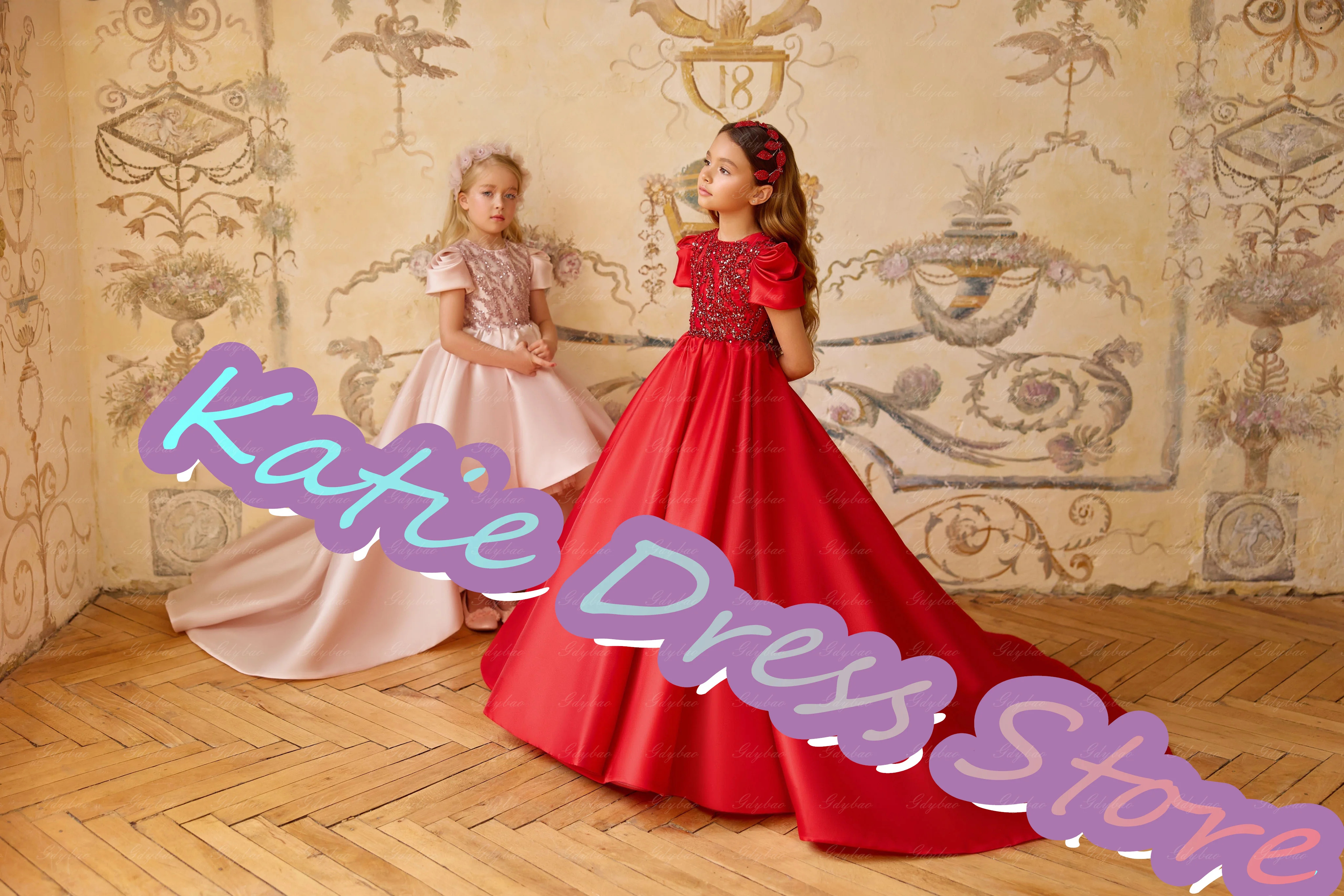 فستان فتاة الزهور الحمراء لحفلات الزفاف مزين بالترتر من الساتان الأميرة للأطفال وحفلات أعياد الميلاد الأولى فستاين سهرة/فساتين الحفلات حسب الطلب #2