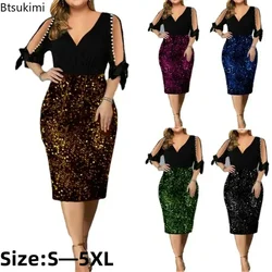 2026 Women's Pencil Dress Sexy Hollow Out Design Bead Bandage Sequins Decor V-Neck Petal Sleeve Mid Waist Slim Hips Party Dress