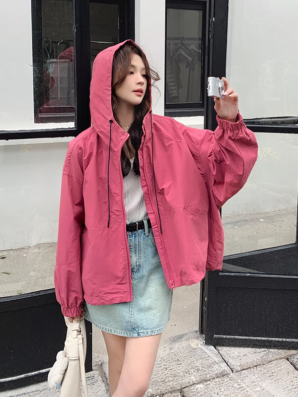 Roze Jaet-jas met capuchon voor dames, outdoor, casual, losse pasvorm, lange mouwen, ritssluiting, pure kleur, lente, herfst, nieuwe collectie