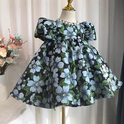 Girl's Pearl Bubble Sleeves Princess Dress 2024 New Fashion Luxury Printed Satin Fluffy Dress Carnival Birthday Performance Dres