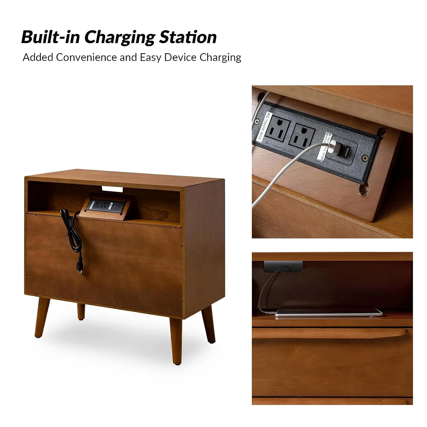 End Table with Charging Station, Mid-Century Modern 2 Drawer and Open Shelf, Fluted End Table（Acorn, Set of 2）, Custom - view 4