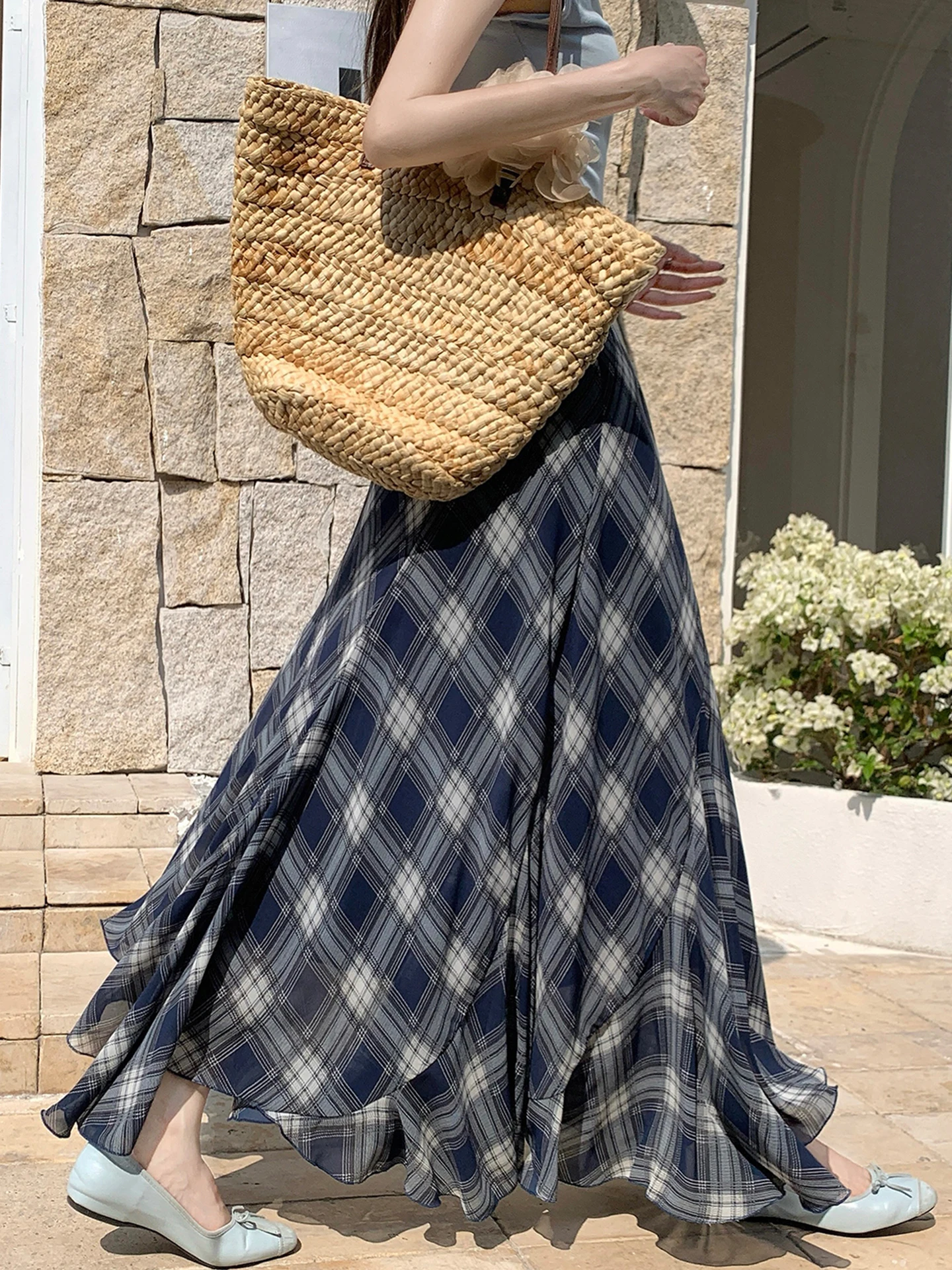 

Emily Clud Recommended Skirt Women's Spring Summer Chiffon Gown with Dra Irregular Plaid Long Casual High Waist Skirt