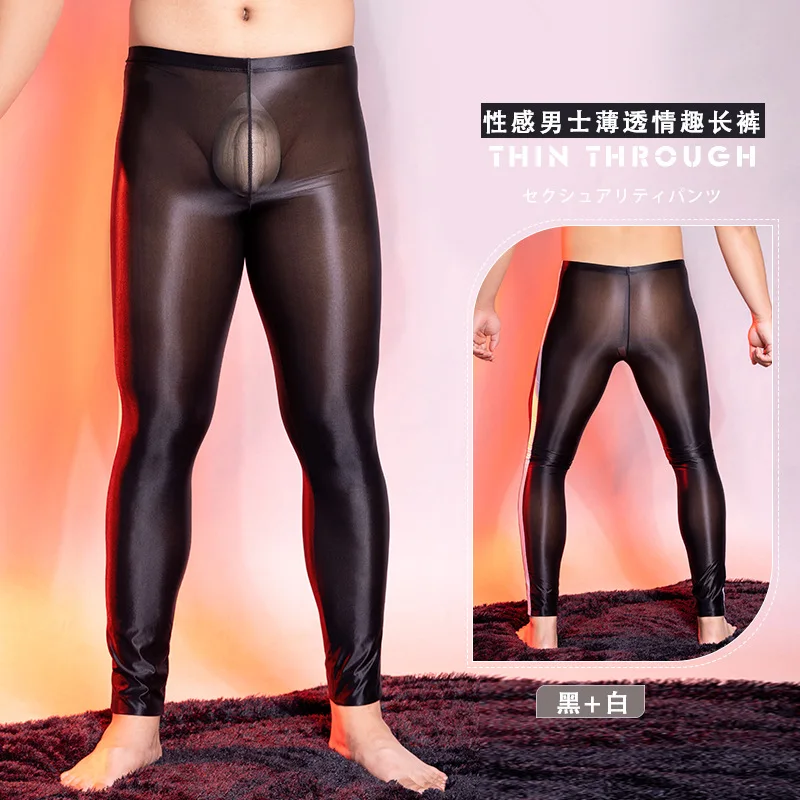 Leggings attillati da uomo senza cuciture trasparenti ultrasottili maschili Sexy a vita bassa calze elastiche trasparenti fondo del sonno