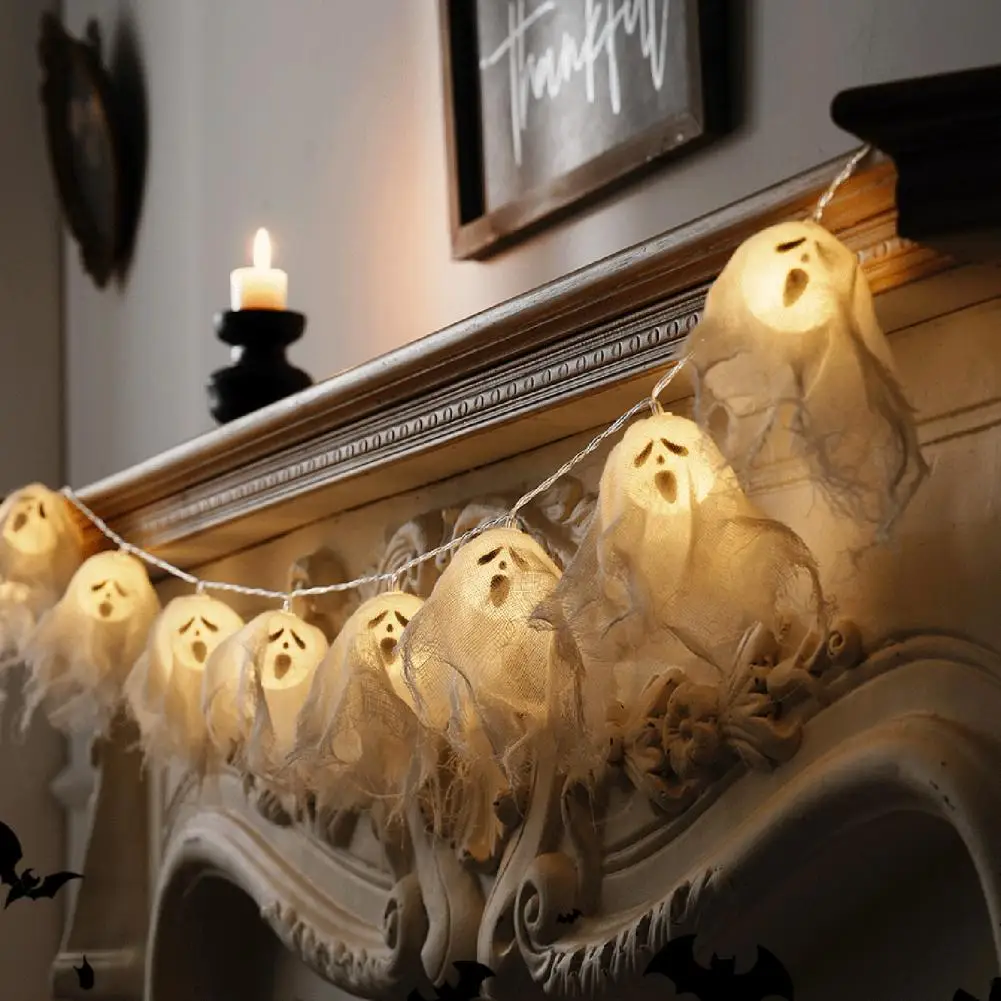 ทําด้วยมือ LED ฮาโลวีน Ghost String ไฟ Spooky เตาผิง Garland สําหรับตกแต่งปาร์ตี้ฮาโลวีน Haunted House