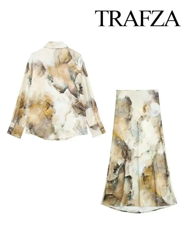 Novo feminino elegante 2 peça conjunto impresso único breasted lapela camisas de manga longa vintage causal cintura alta a-e midi saia