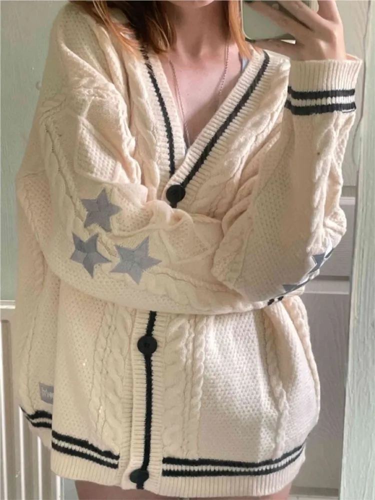 Cardigan Vintage à Manches sulfet Col en V pour Femme, Pull Imprimé Étoile, Mignon, Boutonné, Automne, Y2K