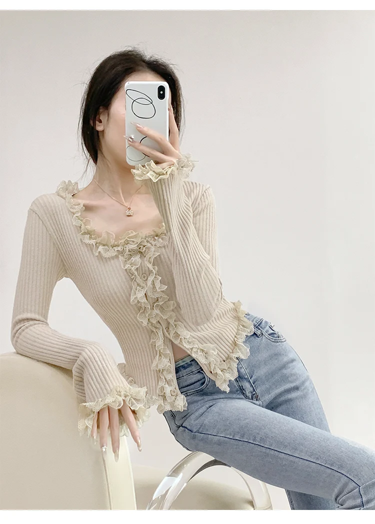 2026 Quadratischer Kragen Spitzenbesatz Langarm-Strickpullover Damen Retro Kurzer Stil Schlanke Oberteile Einreihige Strickjacke – Detail 12
