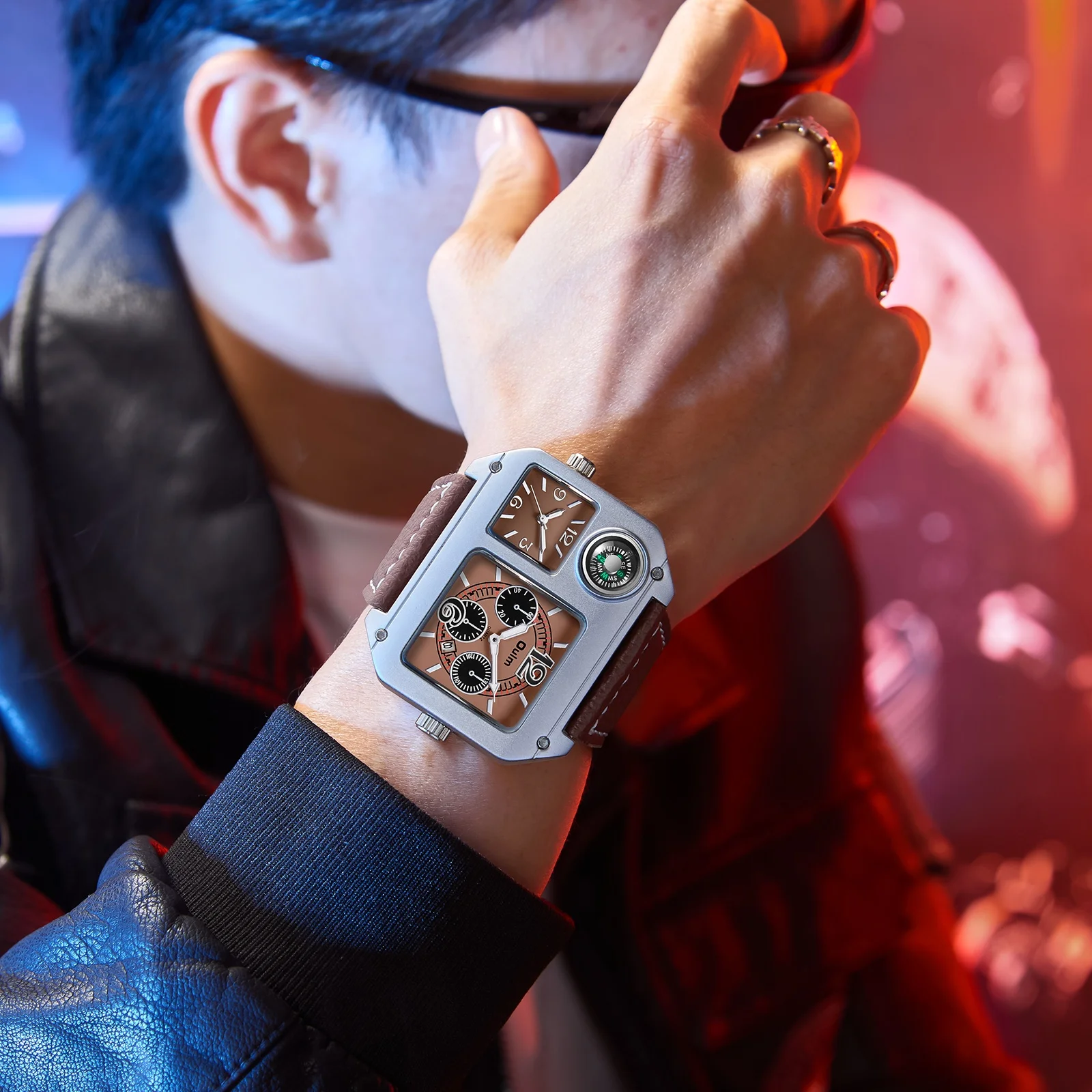 Oulm الأصلي 9150 منطقتين زمنيتين ساعة رياضية كبيرة الحجم كبيرة الحجم ساعة كوارتز رجالية بوصلة مزخرفة ساعات عسكرية للرجال #6