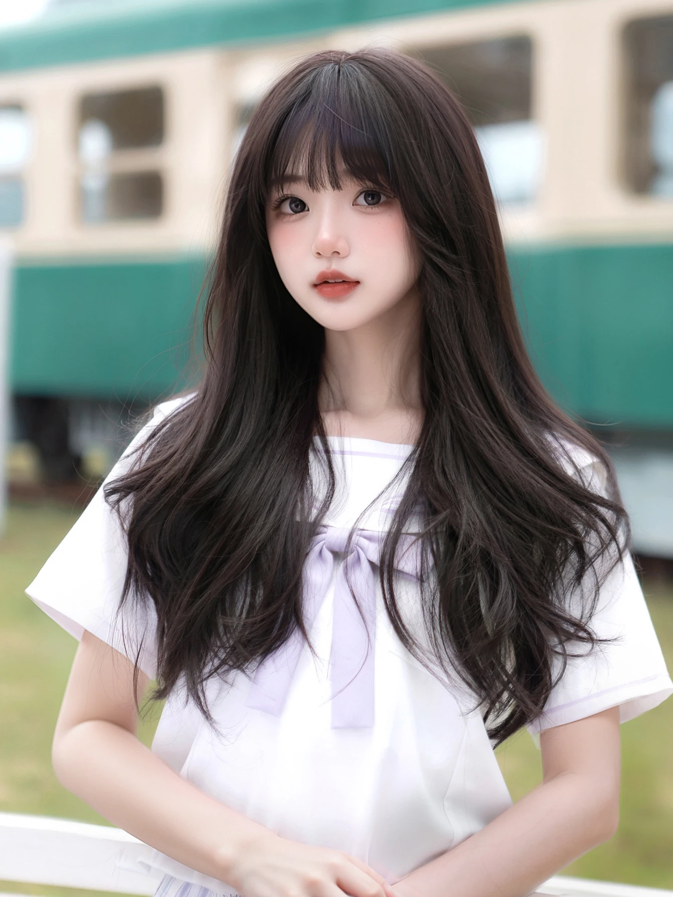 26Inch Natural Black Pretty Fresh Synthetic Wigs With Bang Long Natural Wavy Hair Wig For Women Daily Use Cosplay Heat Resistant