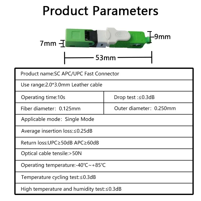 OPTFOCUS-Conector de fibra óptica FTTH SC APC ESC250D, Conector rápido SC UPC de 53mm, Conector rápido óptico 100 piezas