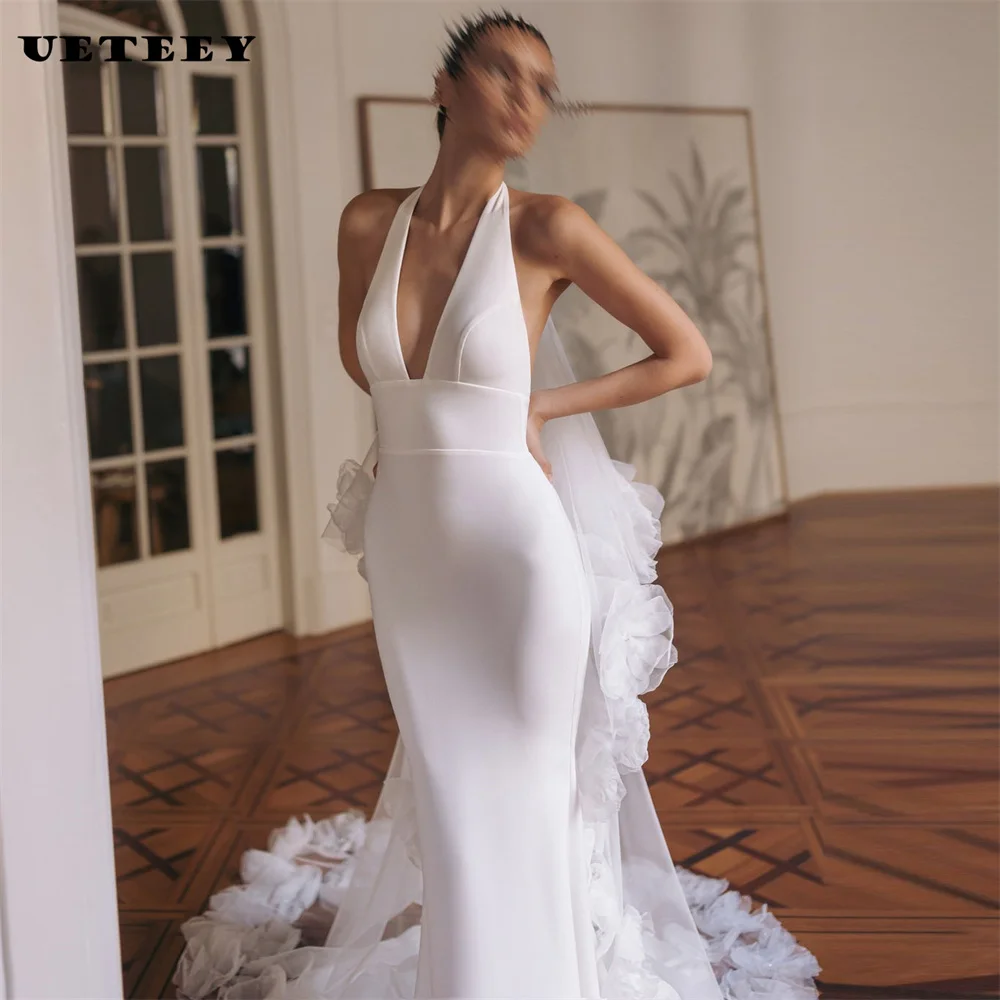 

UETEEY Customized Simple Sleeveless Halter Deep V Neck Mermaid Wedding Dress Sexy Crepe Open Back Court Train Bridal Gown