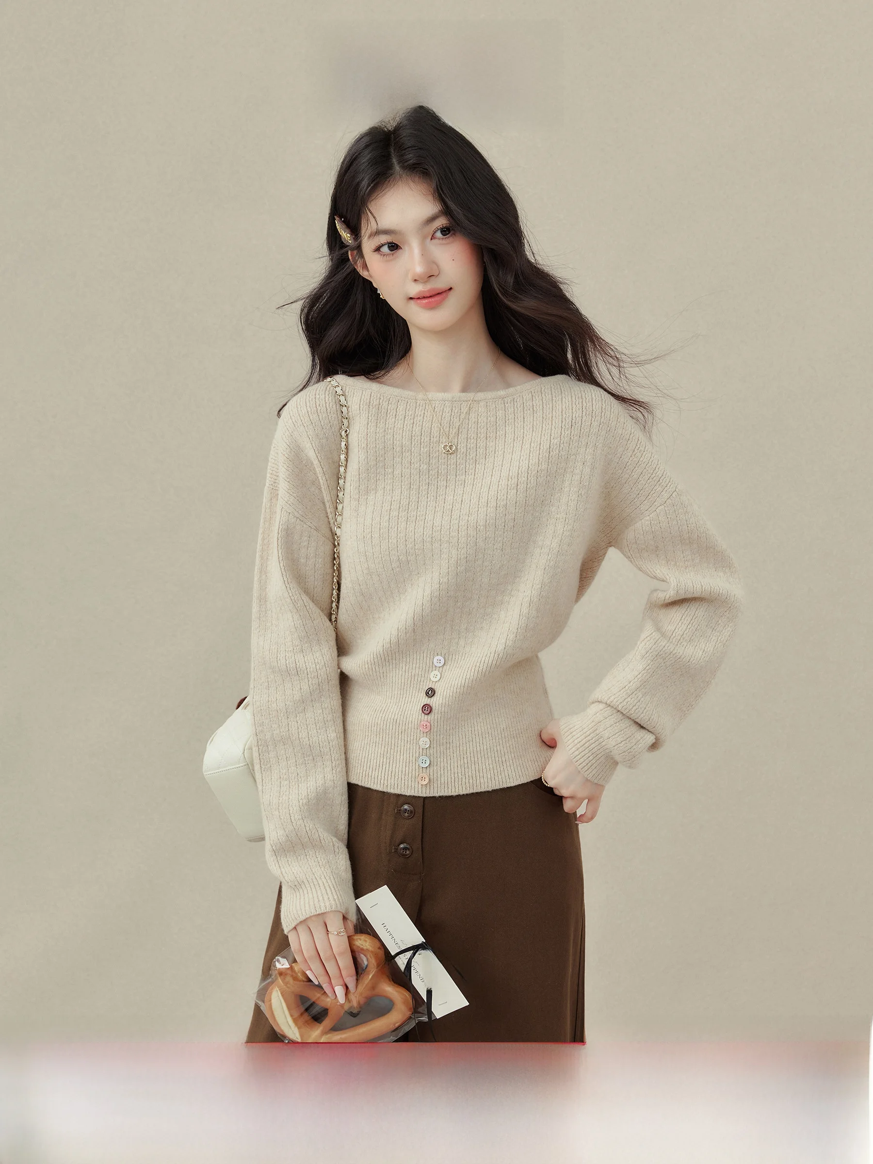 

Loose Knitted Sweater Women's Base Layer irt Inner Wear Button Design Autumn Faion Casual Sle Long Sve Top
