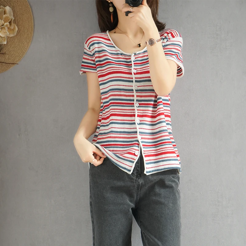 Women\'s T-shirt Summer 100% Cotton Cardigan Short Sleeve Casual Round Neck Ladies Tops Loose Blouse Pullover Striped Tees