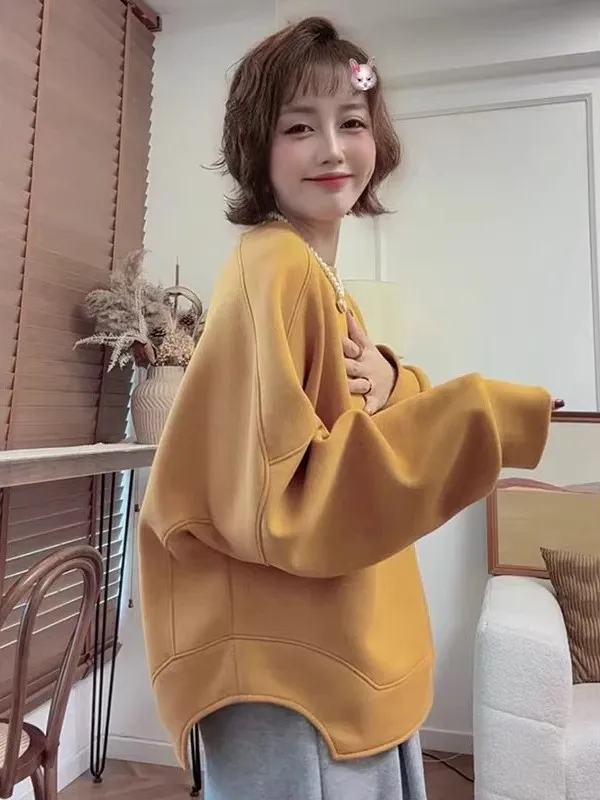 

Женская осенняя новинка: просторная толстовка оверсайз в европейском стиле, однотонная, с капюшоном, без застежек