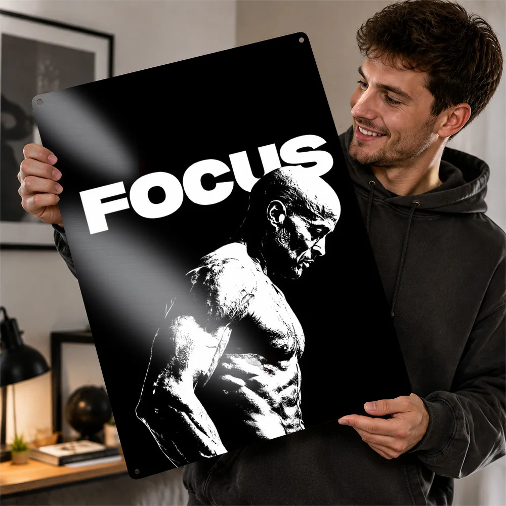 Bodybuilder Focus Quote Printed Poster Monochrome Wall Art For Home Gym Customized Aluminum Metal Sign Fitness Lover Gift Idea