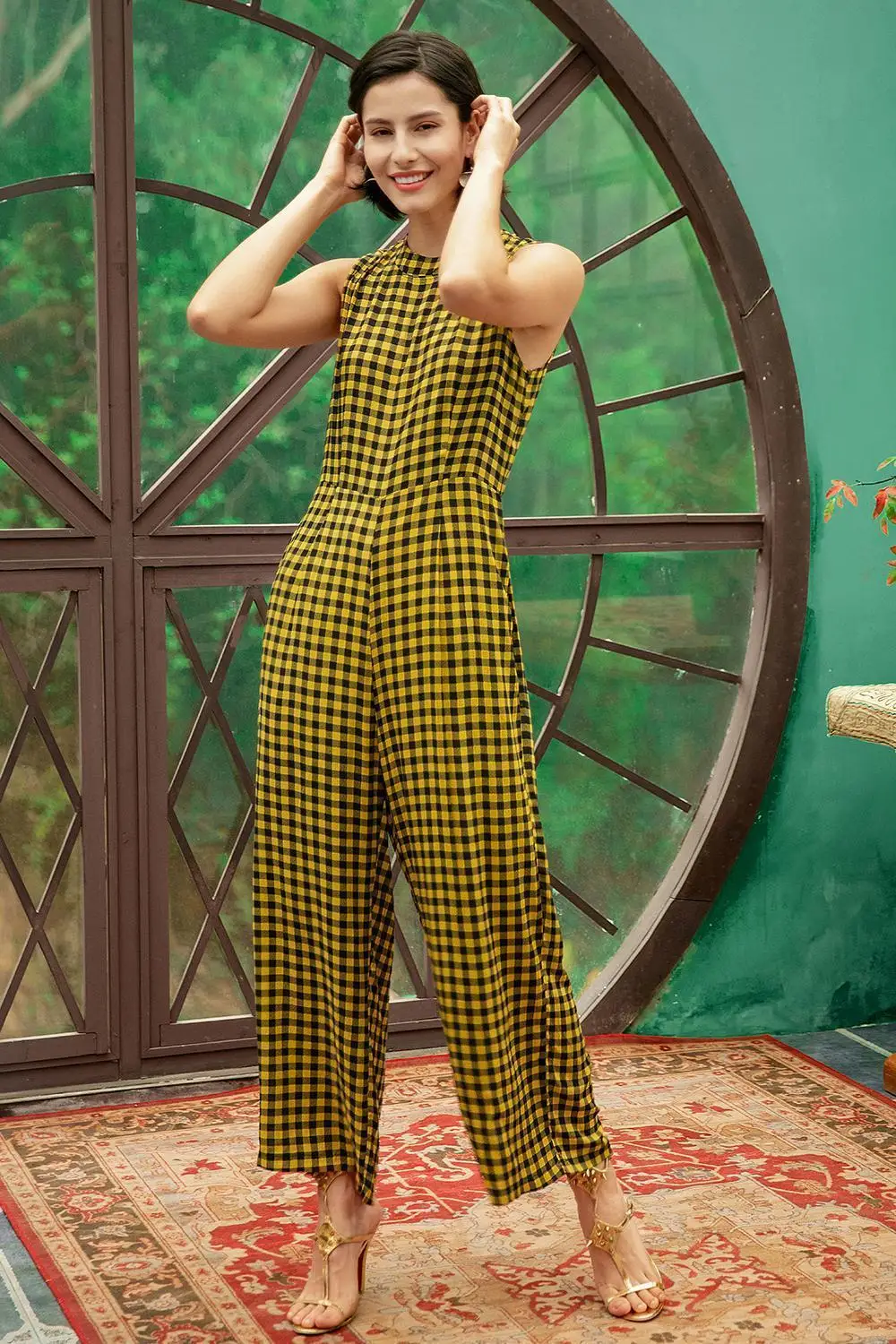 Women\'s Yellow Plaid Jumpsuit Mock Neck Wide Leg One Piece Romper Sleeveless Autumn Fall Outfits Female Playsuit Onesies Cloth